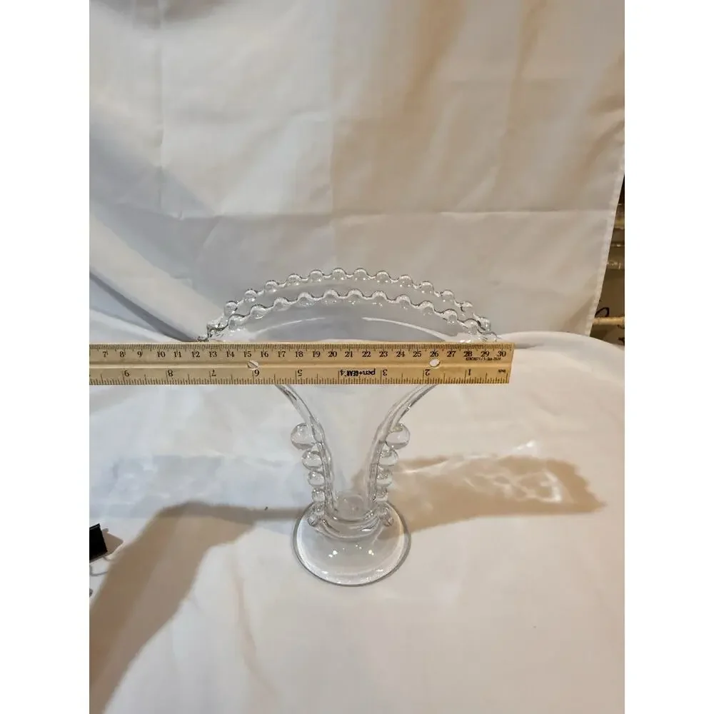 Imperial Glass Candlewick Clear Fan Vase 8.5” Beaded Rim Bubble Handles Vintage
